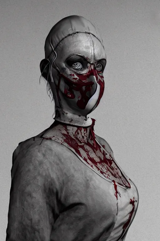 Image similar to The killer Nurse with the iron mask concept style of american horror story, highly detailed, intricate, sci-fi, sharp focus, Trending on Artstation HQ, deviantart, unreal engine 5, 4K UHD image