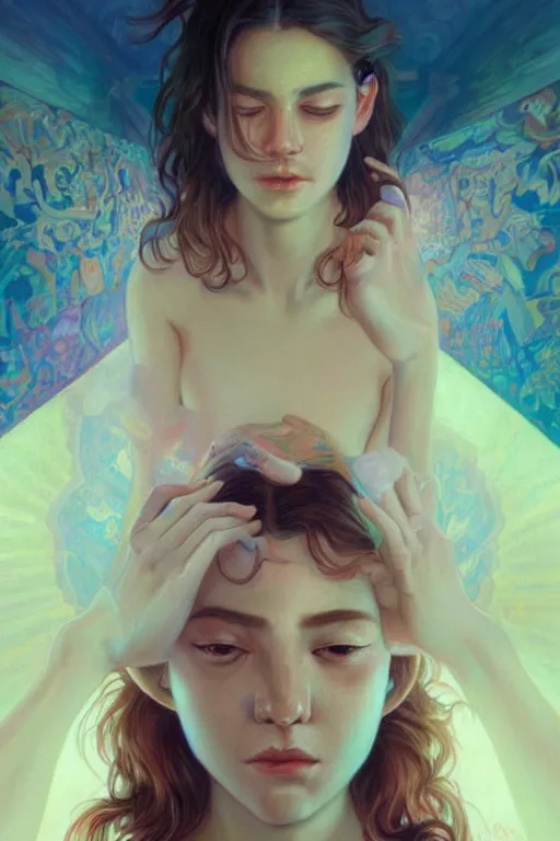 Image similar to three college girls rolling hard on ecstasy and tripping on lsd glistening with sweat on the bed amd hallucinating, realistic portrait, highly detailed, digital painting, artstation, concept art, smooth, sharp focus, illustration, cinematic lighting, art by artgerm and greg rutkowski and alphonse mucha