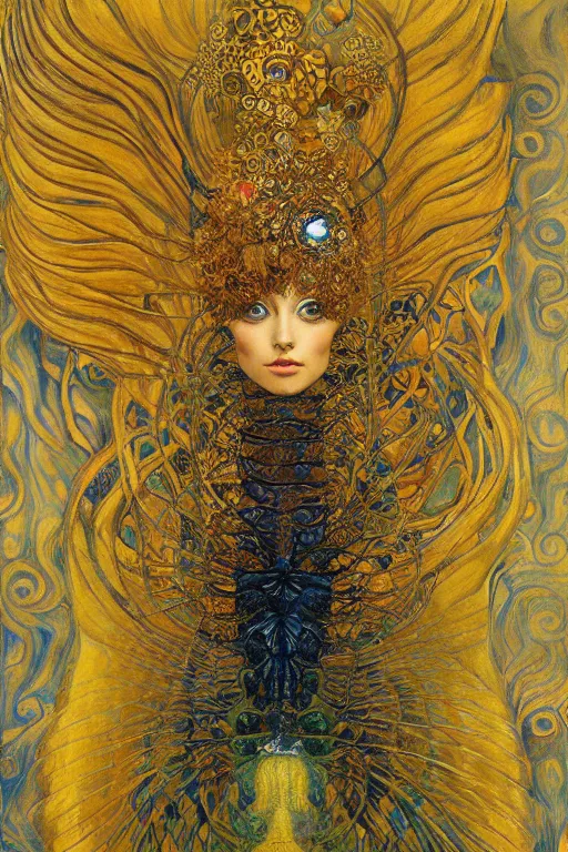 Image similar to Metamorphosis by Karol Bak, Jean Deville, Gustav Klimt, and Vincent Van Gogh, transformational chimera portrait, visionary, cicada wings, otherworldly, fractal structures, ornate gilded medieval icon, third eye, chrysalis, spirals, horizontal symmetry