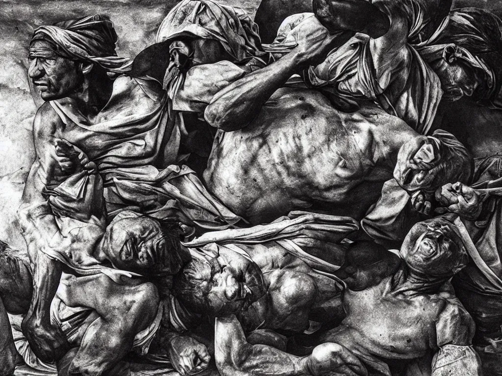 Image similar to The tired, sweaty, muscular worker of the gold mines. Painting by Caravaggio, Sebastiao Salgado