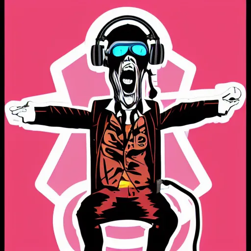 Image similar to svg vector sticker of absolutely insane-mad-scientist-villain, rocking out, wearing headphones, huge speakers, dancing, rave, DJ, spinning records, digital art, amazing composition, rule-of-thirds, award-winning, trending on artstation, featured on deviantart