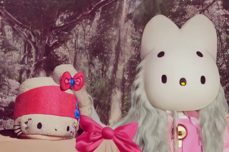 Image similar to portrait of Gandalf dressed up as hello kitty, smiling kindly, sunrise, movie still from Lord of the Rings, cinematic