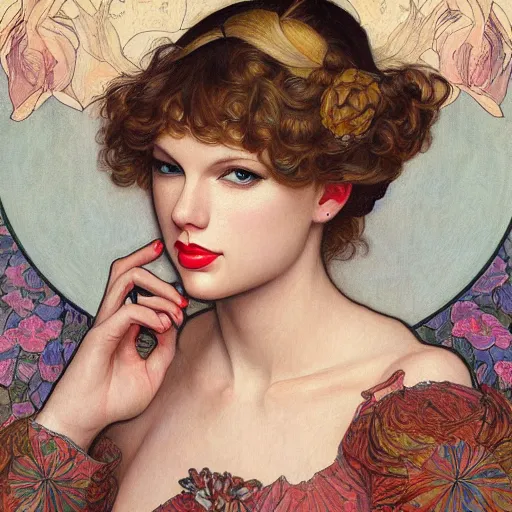 Prompt: romantic painted portrait of taylor swift by james jean, mucha, andrew loomis, masterpiece