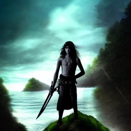 Prompt: a dramatic digital art of a teenage boy with long hair holding a sword while standing on the edge of a cliff over looking water, coming out of the water is a giant serpent water monster looming over the boy with it's mouth open, dramatic digital art, ambient lighting