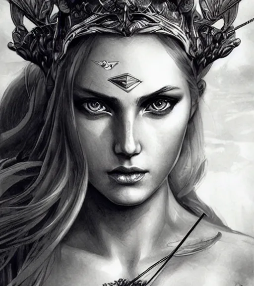 Image similar to beautiful aphrodite goddess wearing an arrow on her head, realistic face, beautiful eyes, black and white drawing, in the style of greg rutkowski, fantasy, amazing detail, epic, intricate, elegant, smooth, sharp focus