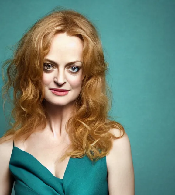Prompt: beautiful portrait photo of Heather Graham, slight smile, photo by Annie Leibovitz, 85mm, teal studio backdrop, Getty images