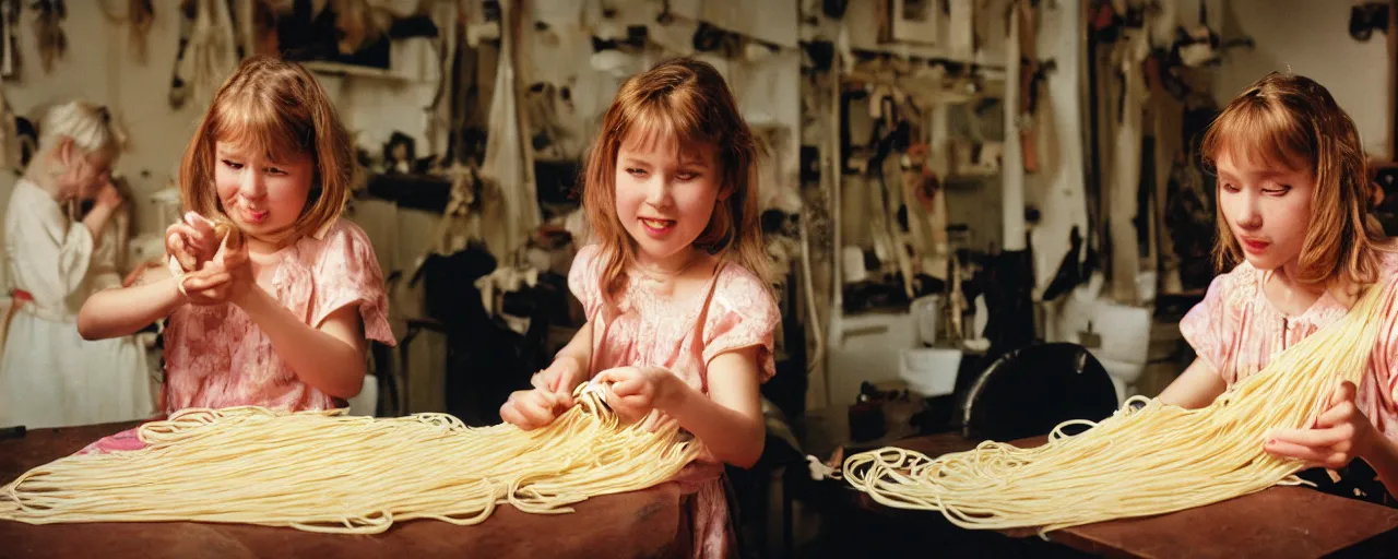 Prompt: a seamstress sewing a dress made of spaghetti, an excited girl in the background, facial expression, canon 5 0 mm, cinematic lighting, photography, retro, film, kodachrome, closeup