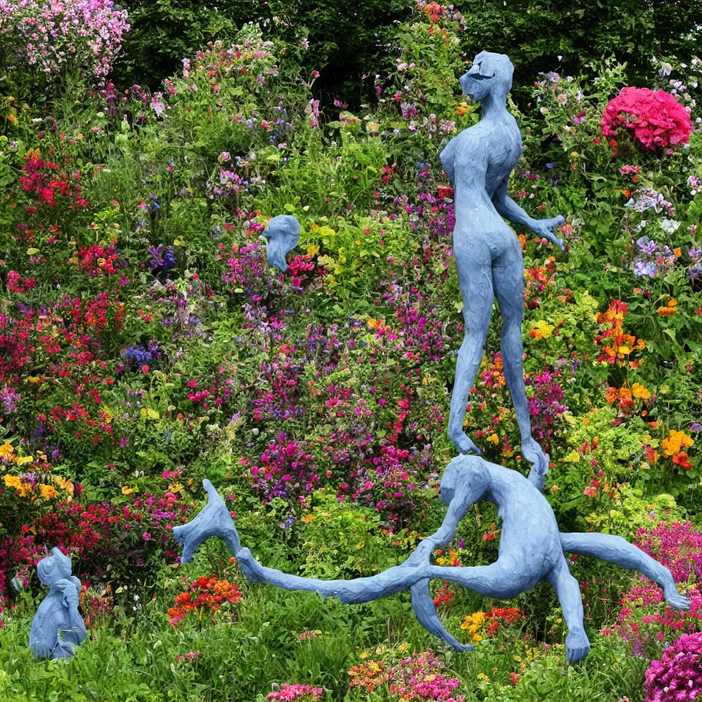 Image similar to folk art garden sculptures in an english cottage garden, cottagecore flower garden, concrete sculpture of a manticore, colorful mosaic, color blocking, sculpture by wouterina de raad!!!, art by james tellen, highly detailed, realistic anatomical proportions, textured hand built concrete sculpture, amazing concrete sculpture, 4 k