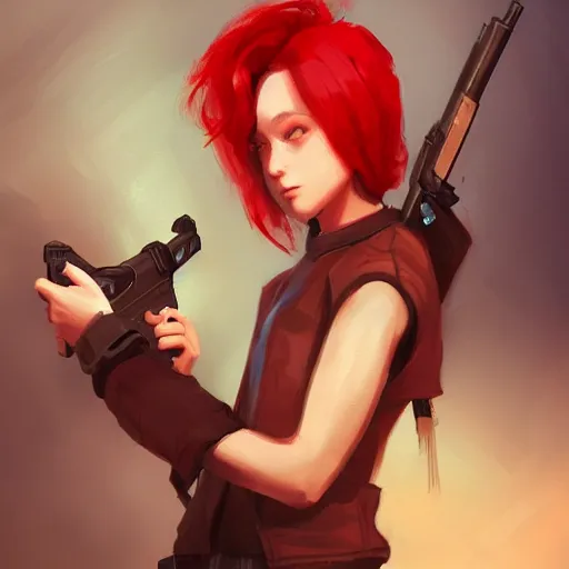 Prompt: a concept art of a boy and a girl with red hair holding a gun, highly detailed, digital painting, artstation, concept art, smooth, sharp focus, illustration