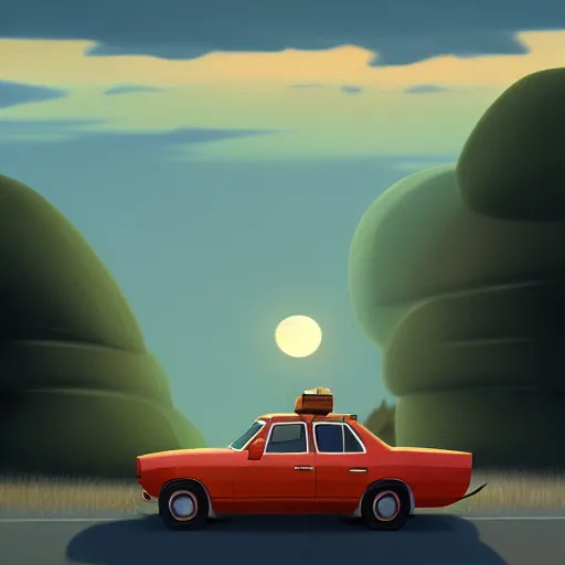 Prompt: goro fujita ilustration rear view of a car equipped with suitcases heading to the forest at sunset, painting by goro fujita, sharp focus, highly detailed, artstation