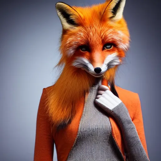 Prompt: anthropomorphic young female fox dressed in fashionable clothes. award winning photoshoot, extreme detail beautiful face