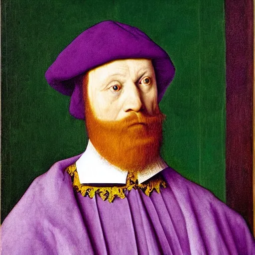 Image similar to A portrait of Barney by Jan Van Eyck, purple and yellow color palette