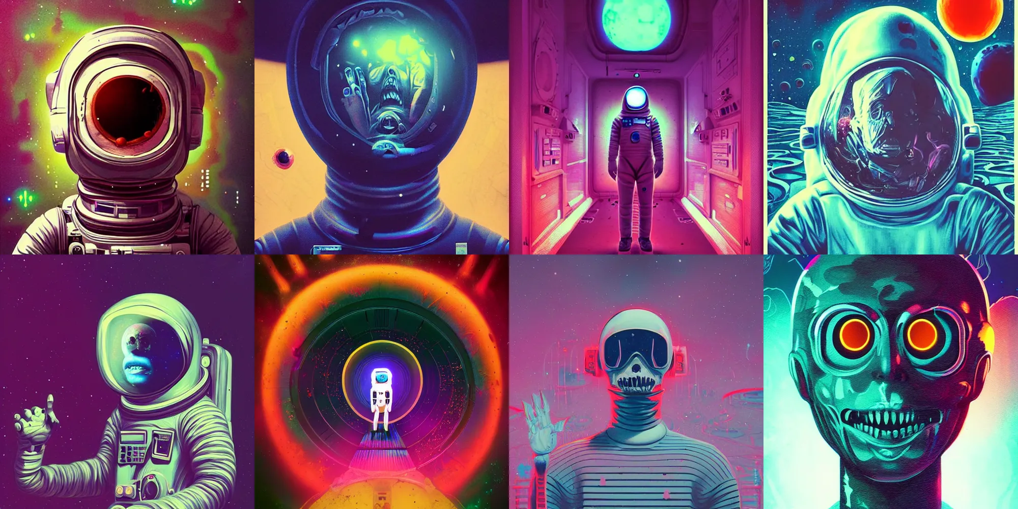 Prompt: creepy astronaut, horror poster 9 0 s, cosmic horror, abstract, ghostly, arcade, duotone, poltergeist, lets get weird, intricate, elegant, highly detailed, digital painting, artstation, smooth, sharp focus, art by beeple and mike winkelmann, ultraviolet colors,