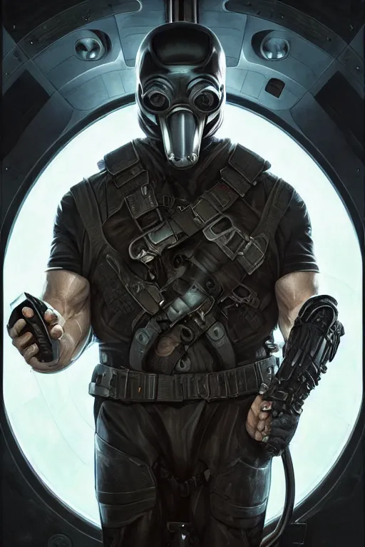 Prompt: elon musk as bane from dark knight, realistic portrait, symmetrical, highly detailed, digital painting, artstation, concept art, smooth, sharp focus, illustration, cinematic lighting, art by artgerm and greg rutkowski and alphonse mucha