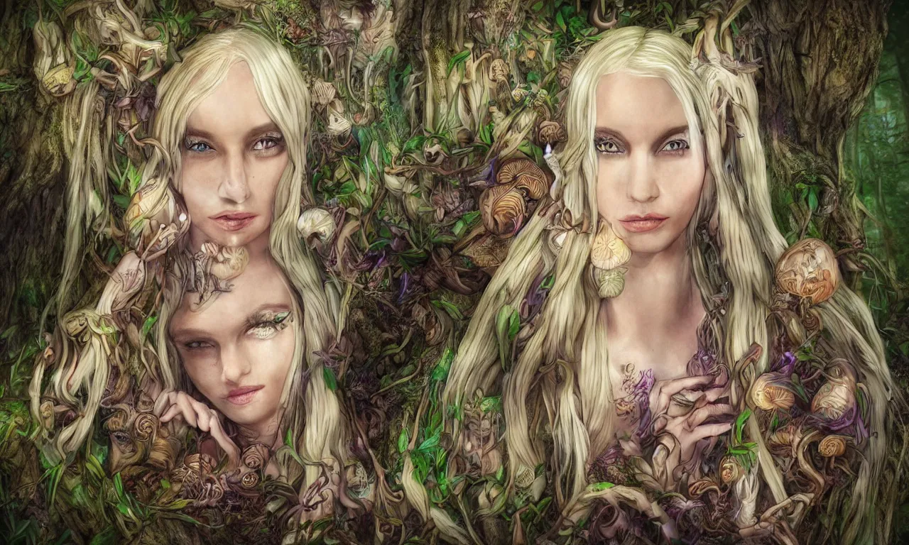 Prompt: beautiful blonde woman with plaits, forest fae, psychedelic mushrooms, magic, mystical, white witch, photorealistic