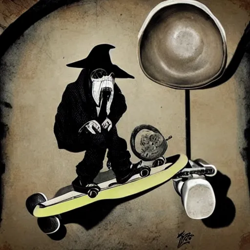 Prompt: a rap album cover with a plague doctor riding a skateboard