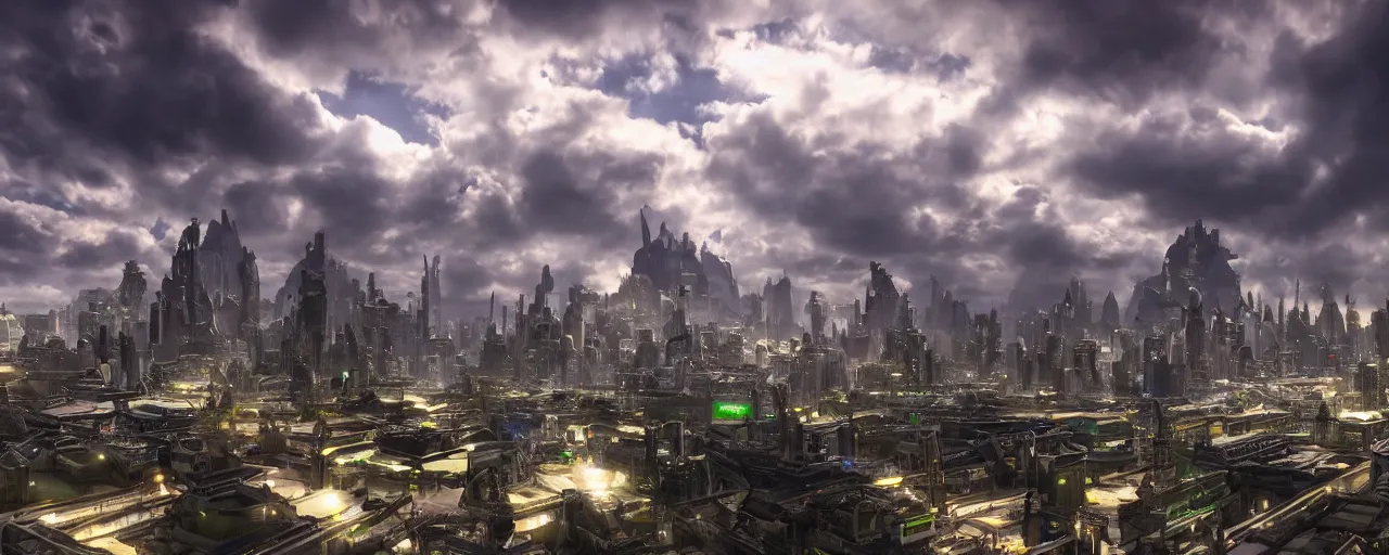 Image similar to majestic futuristic elf city, epic scale, dramatic buildings, dramatic clouds, cinematic sky, 8 k, unreal engine 5