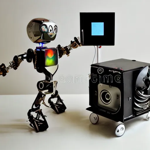 Image similar to Dall-E 2 art robot feels inferior next to the awesome StableDiffusion art robot, 35mm stock photo