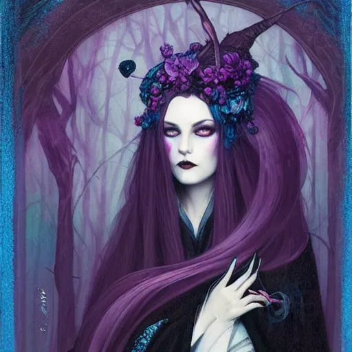 Prompt: a beautiful!! portrait of a blood witch, gothic kimono in purple and black!!!, blue eyes! by loish! and tom bagshaw