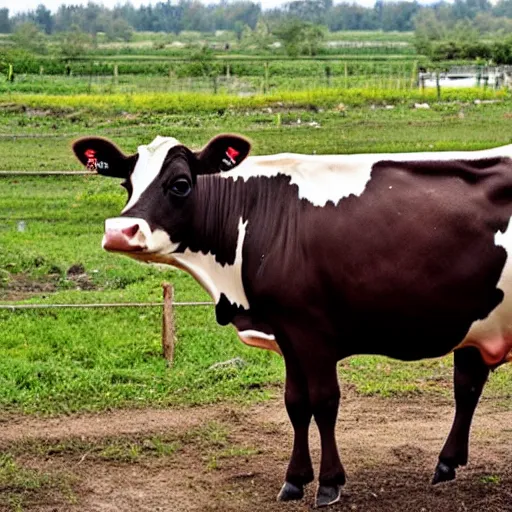 Prompt: a cow on a trash farm