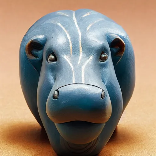 Image similar to a small smooth hippo statue carved from natural wood, dipped in polished blue resin, half and half, mixed media, side view