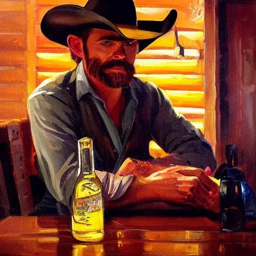 Image similar to modern stylized oil painting portrait of cowboy at table with bottle in western saloon, 1890, masterpiece, realistic and detailed, artstation, interesting artificial spotlight lightning, cinematic, dramatic