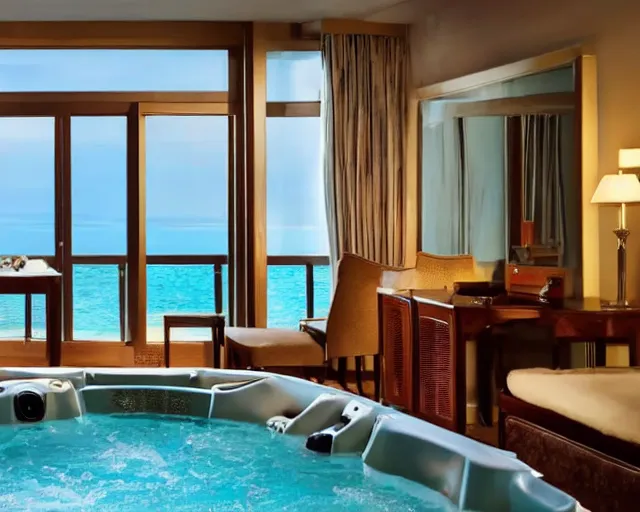 Prompt: a luxury hotel room with a beautiful view from the balcony, and a hot tub inside.