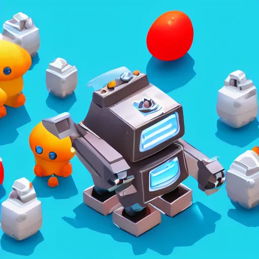 Image similar to chubby cute mobile game robot, 1 0 0 mm, 3 d render, isometric, blue background,