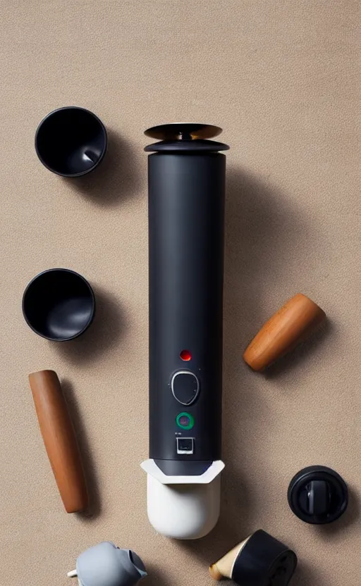 Image similar to a stylish handheld electric coffee grinder ; designed by marc newsom, zaha hadid, blonde, joseph and joseph, dieter rams ; natural materials ; industrial design ; behance ; le manoosh ; pinterest ; if design award ; reddot design award