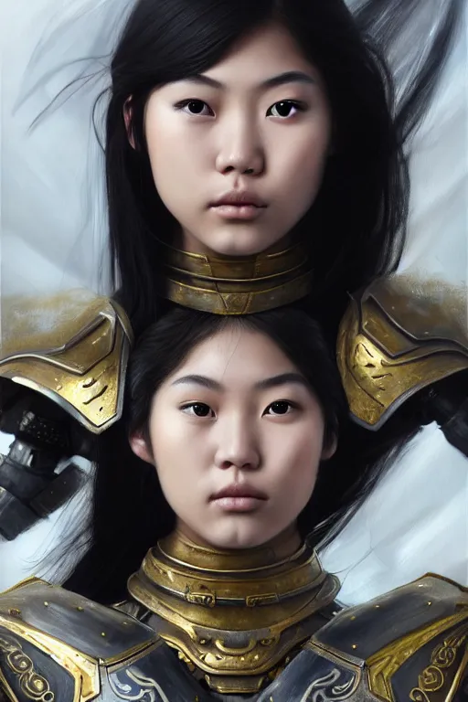 Prompt: a photorealistically painted portrait of an attractive young asian girl, partially clothed in metal-plated battle armor, with an abstractly painted background, flawless skin, fair complexion, long dark hair, beautiful bone structure, perfectly symmetric facial features, perfect photorealistic eyes, natural physique, intricate, elegant, digital painting, concept art, finely detailed, beautifully illustrated, sharp focus, minimal artifacts, volumetric lighting, from DOOM and Halo, by Ruan Jia and Mandy Jurgens and Artgerm and William-Adolphe Bouguerea, in the style of Greg Rutkowski, trending on Artstation, award winning art