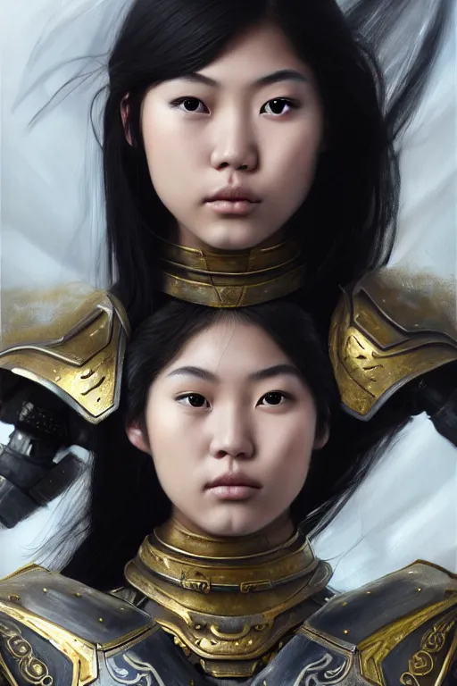 Image similar to a photorealistically painted portrait of an attractive young asian girl, partially clothed in metal-plated battle armor, with an abstractly painted background, flawless skin, fair complexion, long dark hair, beautiful bone structure, perfectly symmetric facial features, perfect photorealistic eyes, natural physique, intricate, elegant, digital painting, concept art, finely detailed, beautifully illustrated, sharp focus, minimal artifacts, volumetric lighting, from DOOM and Halo, by Ruan Jia and Mandy Jurgens and Artgerm and William-Adolphe Bouguerea, in the style of Greg Rutkowski, trending on Artstation, award winning art