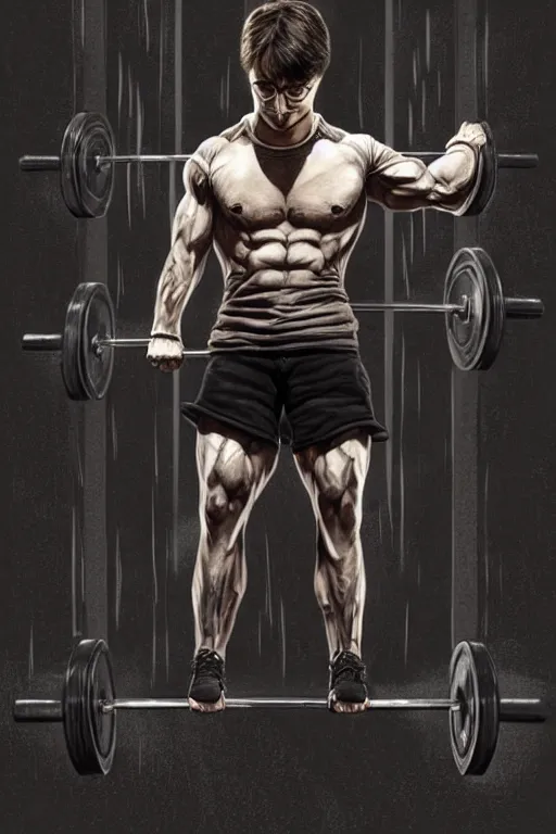 Image similar to highly detailed rendering of Daniel Radcliffe as Harry Potter doing barbell back squats, dingy workout gym, wearing a muscle tee shirt, muscular deep squats, symmetrical, highly detailed, digital painting, artstation, concept art, smooth, sharp focus, illustration, cinematic lighting, art by artgerm and greg rutkowski and alphonse mucha