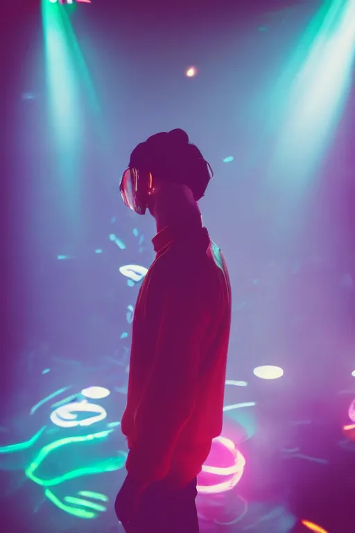 Image similar to agfa vista 4 0 0 photograph of a skinny guy in a rave club, futuristic, synth vibe, vaporwave colors, lens flare, flower crown, back view, moody lighting, moody vibe, telephoto, 9 0 s vibe, blurry background, grain, tranquil, calm, faded!,