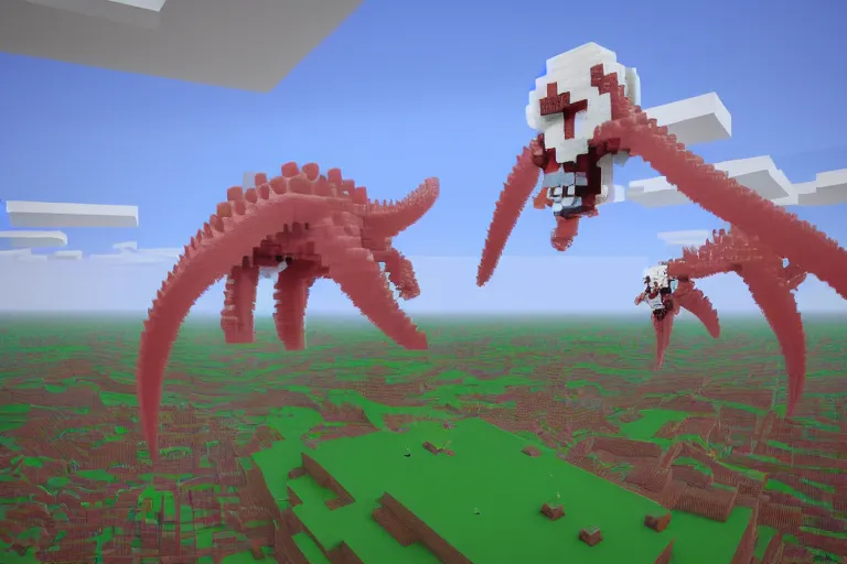 Image similar to giant squids battling in the sky, minecraft, 3 d render, minecraft