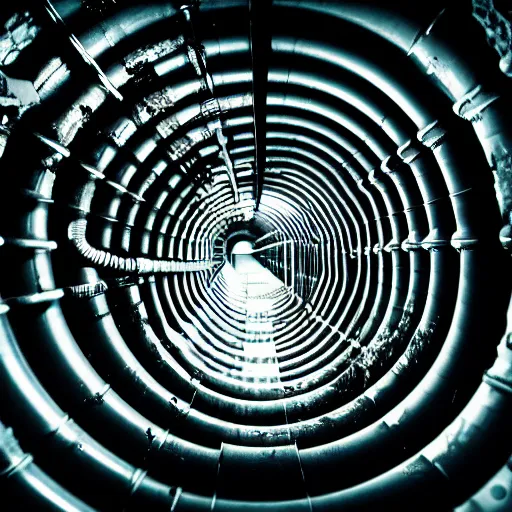 Image similar to a tunnel of leaky pipes and tubes, stretching out into an infinite abyss, broken, sewer, dark atmosphere, horror, unsettling, 4 k, high definition, intricate detail, chaotic,