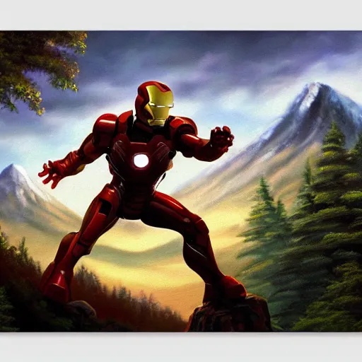 Image similar to a closeup photorealistic photograph of bob ross painting an image of iron man on a canvas. mountains and trees. film still. brightly lit scene. this 4 k hd image is trending on artstation, featured on behance, well - rendered, extra crisp, features intricate detail, epic composition and the style of unreal engine.