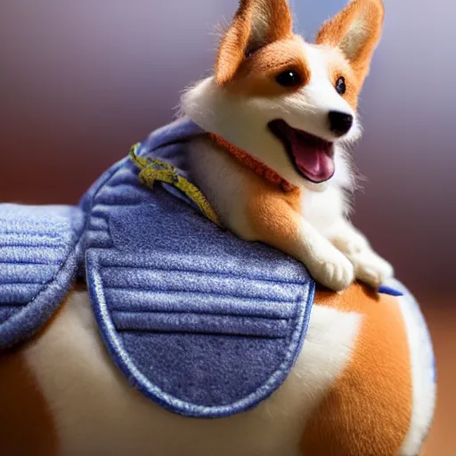 Image similar to 8k highly detailed photograph of a tiny person riding on the back of an adorable corgi, like a horse. blue saddle