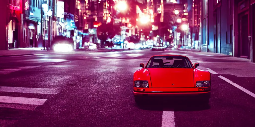 Image similar to Lone 80s red Porsche sports car on deserted city street at night time, purple lighted street, wide angle, cinematic, retro-wave vibes, grainy, soft motion blur, VHS Screencap