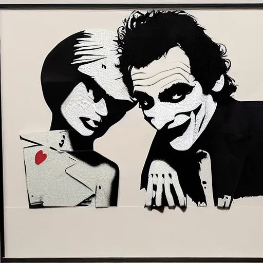 Image similar to richard hamilton and mimmo rottela and banksy as joaquin phoenix skinny joker holding hand lady gaga harley queen, ultra photorealistic, intricate details, pop art style, concept art, 3 colors, 4 d, smooth, sharp focus