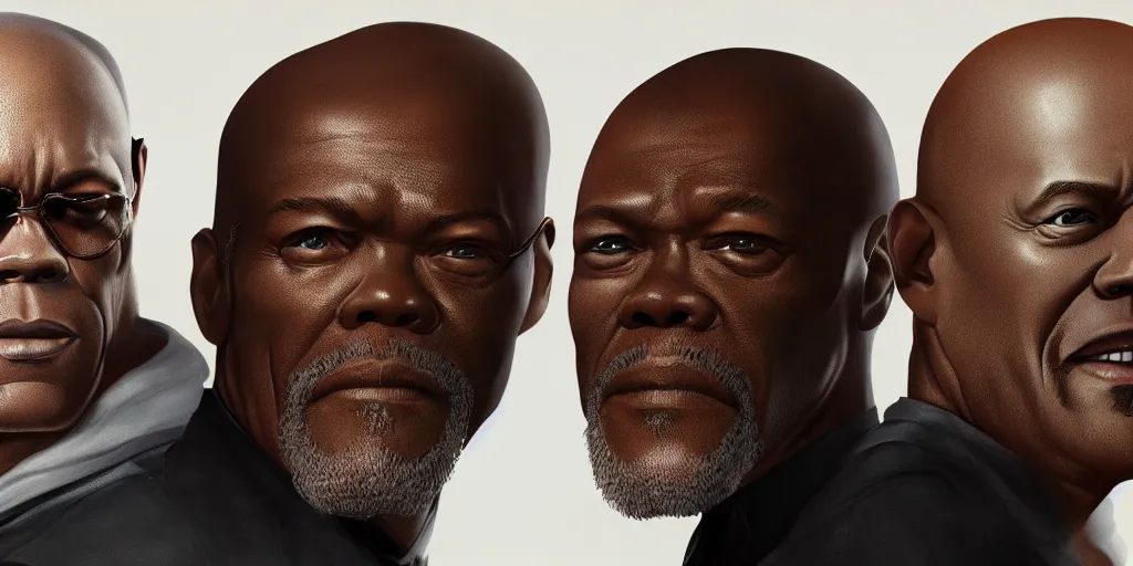 Image similar to highly detailed full - body samuel l jackson and john travolta, perfect symmetrical eyes, by eddie mendoza and tyler edlin, 8 k resolution