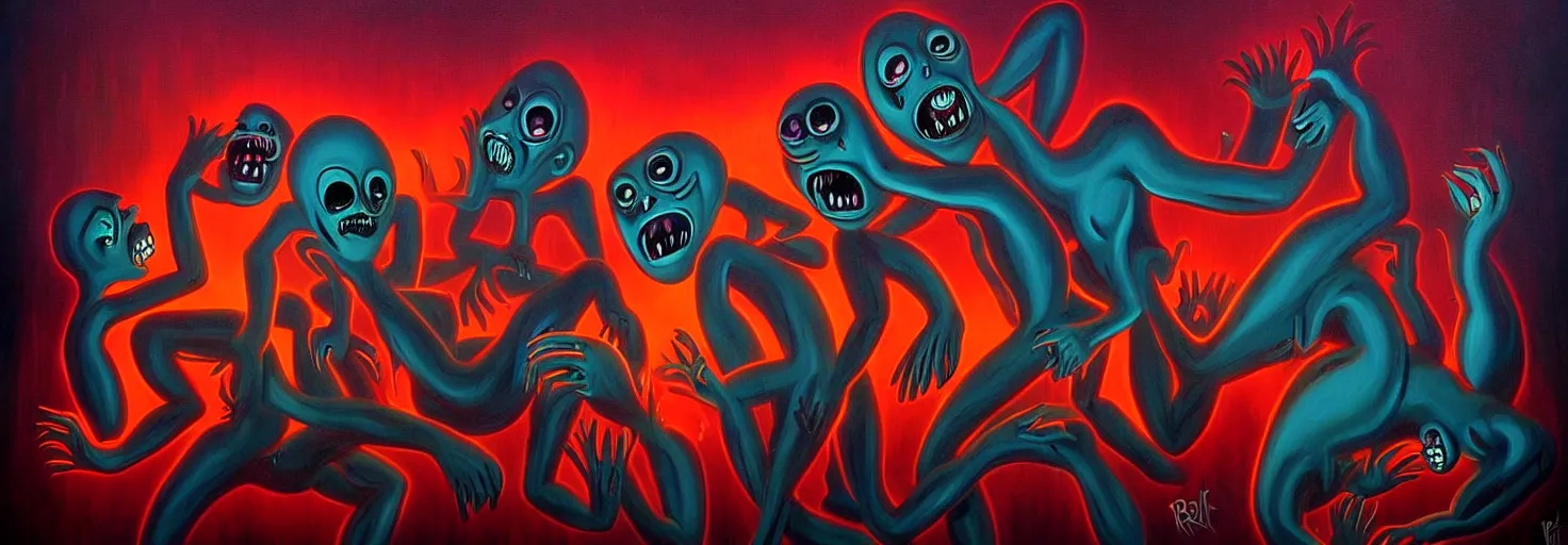 Image similar to visceral freaky obsessive creatures from the darkest depths of collective unconscious, dramatic glowing lighting, 1 9 3 0 s fleischer cartoon characters, wild emotional expressions - surreal painting by ronny khalil