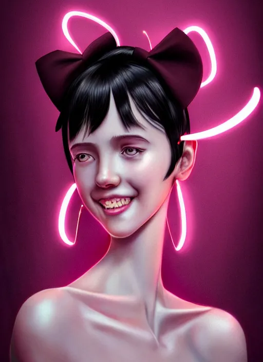 Image similar to portrait of high school girl, realistic, black hair, bangs, half updo hairstyle, pointy nose, skinny, smile, ugly, defined jawline, big chin, pink hair bow, earrings, intricate, elegant, glowing lights, highly detailed, digital painting, artstation, sharp focus, illustration, art by wlop, mars ravelo and greg rutkowski