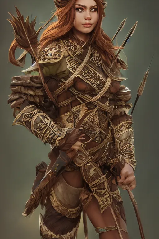 Prompt: Gorgeous Jungle Ranger, brown armor, thick bow, ornamental arrows, high fantasy, elf, brown hair, trending on artstation, artstationHD, artstationHQ, octane, by leng jun, by frank franzzeta