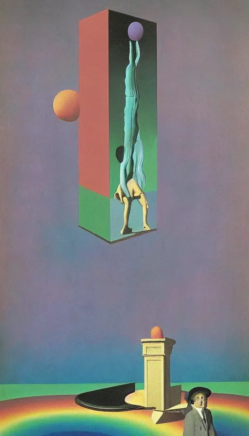 Prompt: mysterious paranoia, maddening knowledge, forbidden information, strange weirdness, rainbow 3 d colors, venetian victorian atmosphere by rene magritte and salvadore dali