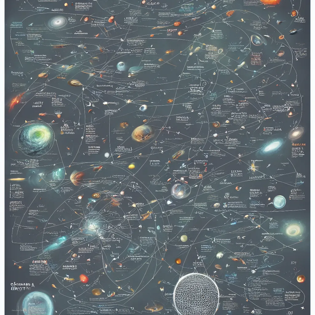 Prompt: a map of the universe, infographic, very detailed, high contrast, hd, trending on artstation