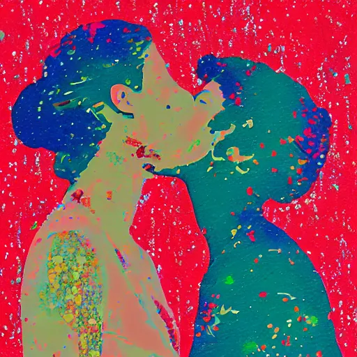 Prompt: two women kissing at a party, mixed media collage, retro, paper collage, magazine collage, acrylic paint splatters, retro psychedelic illustrations,