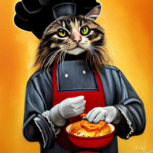 Image similar to oil painting portrait of a long haired fluffy cat wearing chef hat and apron with restaurant kitchen background digital art, concept art, highly detailed, 3-D 4k, trending on art station, Mark Brooks,