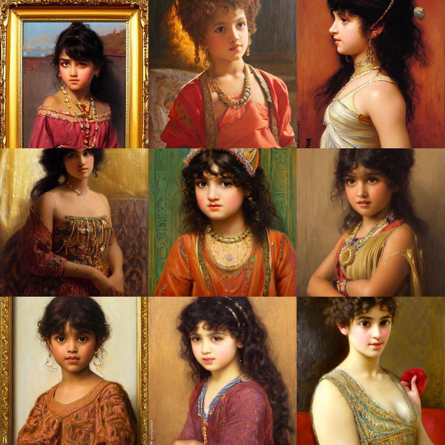 Prompt: orientalism portrait of a cute princess with bangs and curls and brown skin by Edwin Longsden Long and Theodore Ralli and Nasreddine Dinet and Adam Styka, masterful intricate artwork. Oil on canvas, excellent lighting, high detail 8k