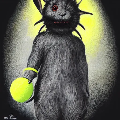 Image similar to a tennis ball monster, tennis ball, dark, chalky, rabbit, digital art, fantasy, magic, trending on artstation, ultra detailed, professional illustration by Basil Gogos