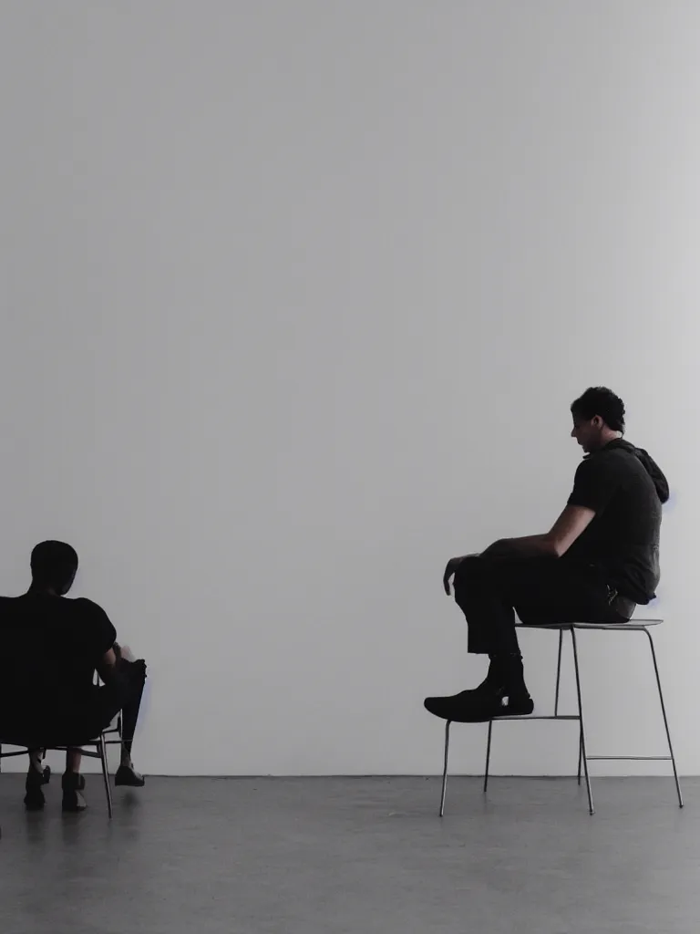 Prompt: a man sitting on a chair in a white room